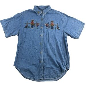Vintage Quizz Again Denim Shirt Cowboy Bear Embroidery Men’s L Western Button Up